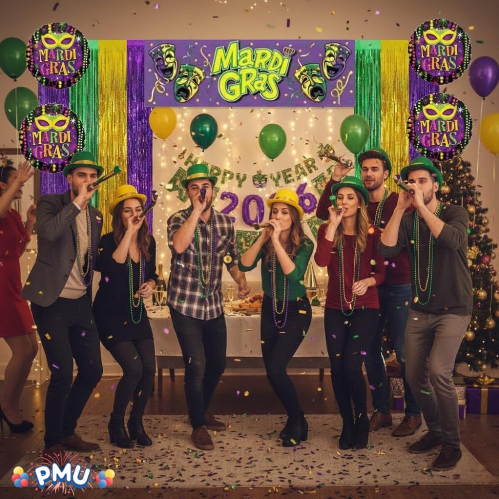 PMU 308 Pc New Year's Eve Party Supplies New Year Decorations Supplies, 2026 Mardi Gras Party Kit Assortment for 100 Persons - (Yellow, Purple and Green) for,Men and Women (100/psn)