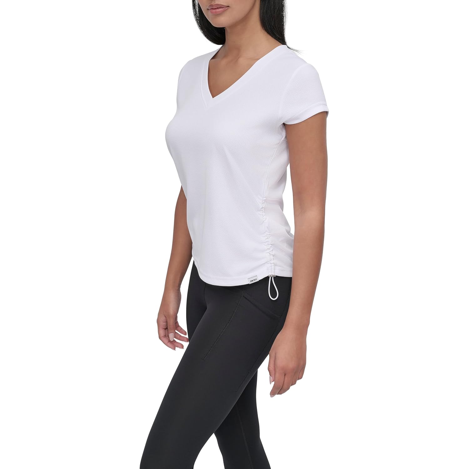 DKNY Womens Short Sleeve V-Neck Tech Ruched Side Seam Active T-Shirt - Image 4
