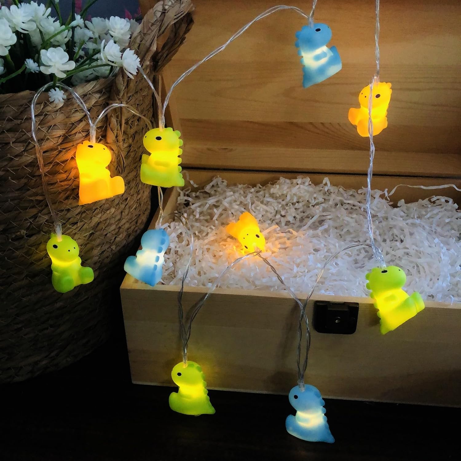 Dinosaur String Lights - Battery Powered 9.8ft Decorative LED String with 20 Lights - for Bedroom, Room Decor, Kids - Dinosaur Design - Green/Blue/Yellow (Timer Function)