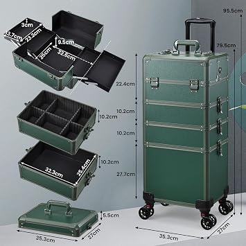 Professional 5-in-1 Vanity Case Makeup Organiser Large Makeup Trolley on Wheels Hairdressing Trolley on Wheels Beauty Case Lockable Make Up Box Storage Green