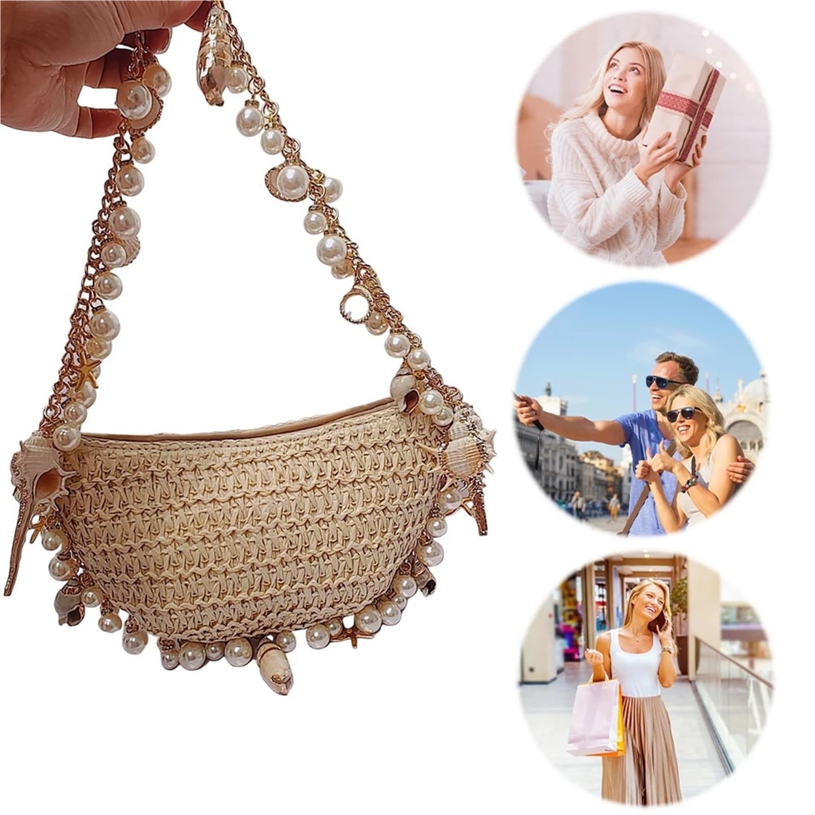 Women Pearl Conch Handbag With Chain Elegant Shoulder Bag Handwoven Holiday Beach Commute Party
