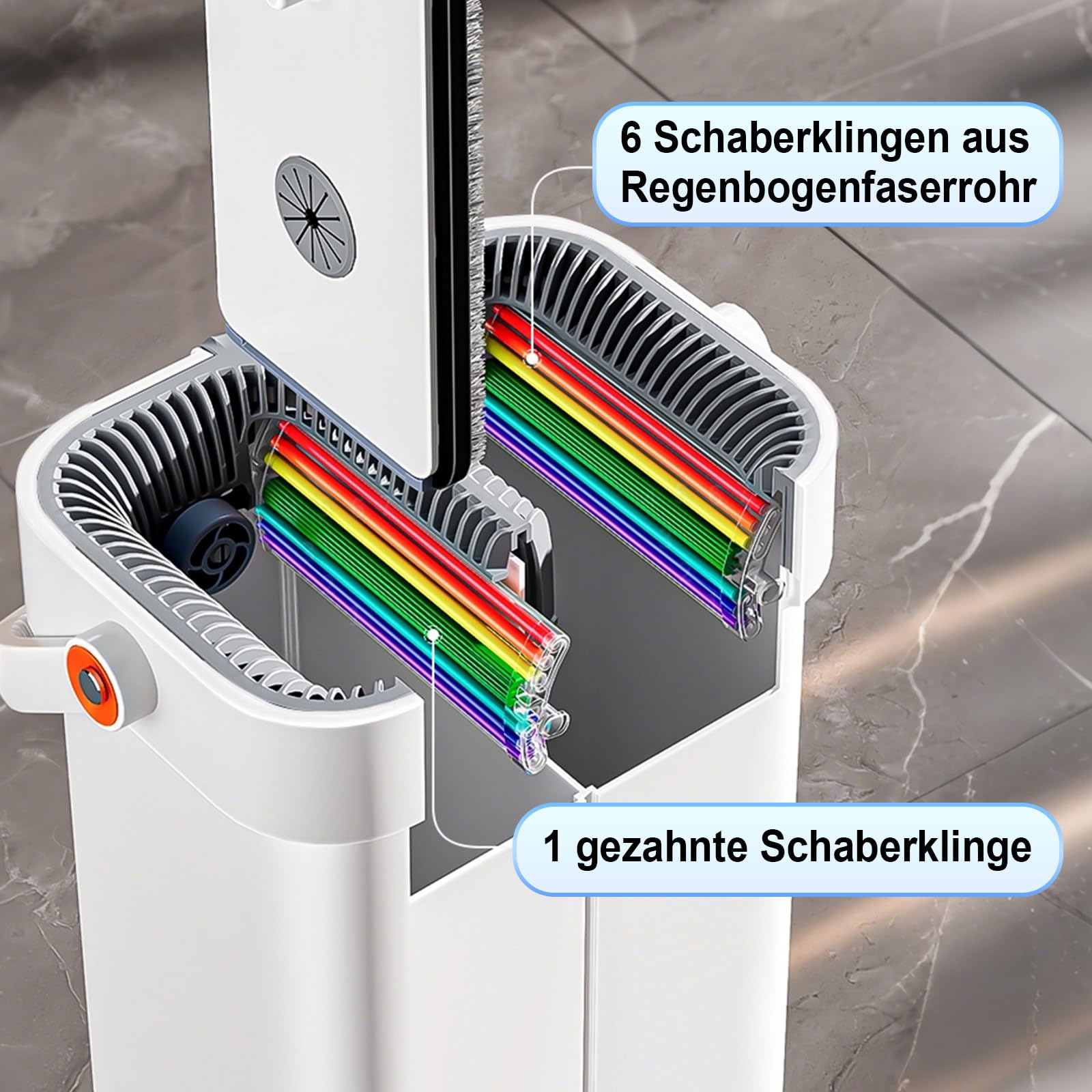 MOPUP Set di mocio con secchio: secchio di pulizia (incluso mocio e 4 testine in microfibra), set di mocio con manico in acciaio inox lungo 135 cm e raschietto con funzione strizzante, adatto a tutti