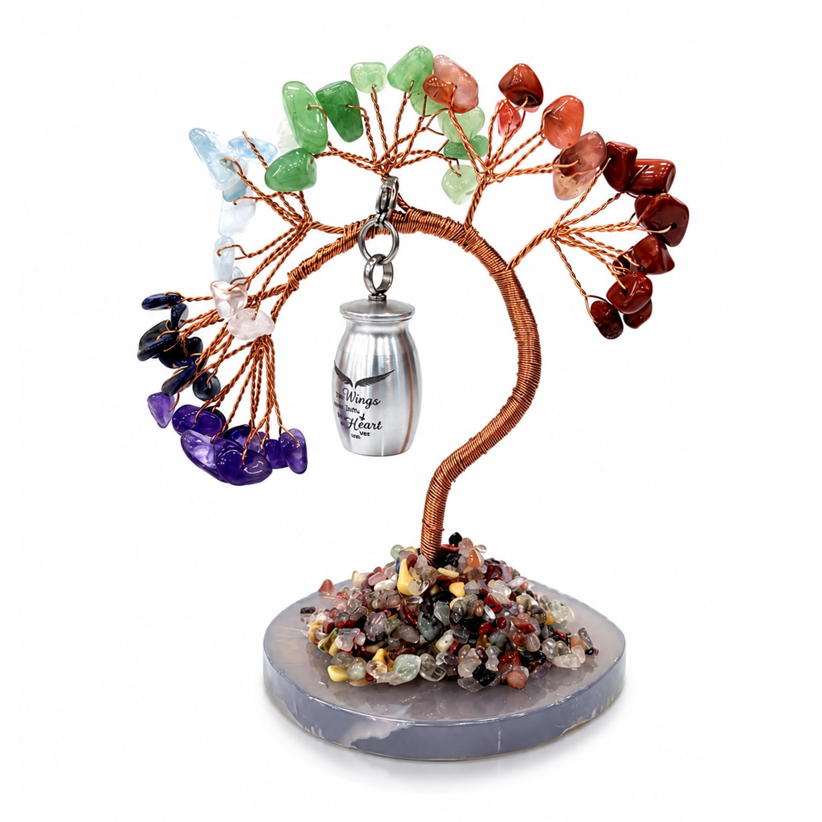 Tree of Life Crystal Urn for Pet Ashes - Handmade Memorial Keepsake with Stainless Steel Mini Urn, Chakra Crystal Tree Desktop Ornament, Bereavement Gift for Cat Dog Loved One（small）