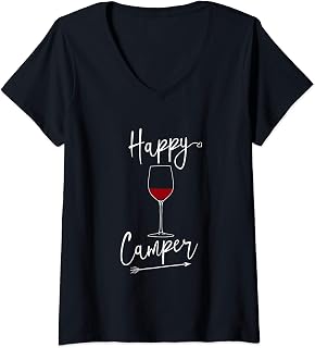 Womens Happy Camper Wine Glass V-Neck T-Shirt