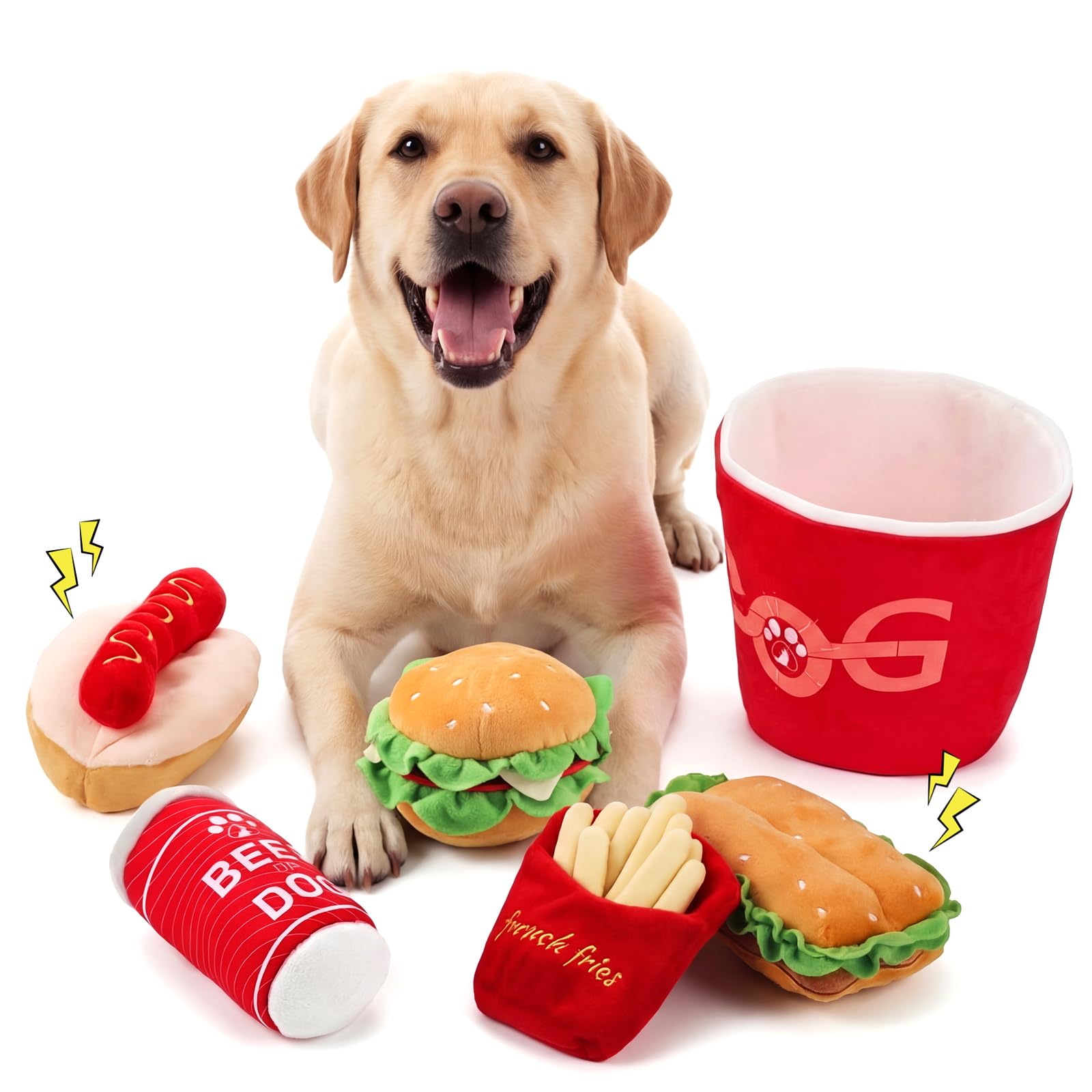 Skylety Lot de 6 jouets en peluche pour chien - Jouets couineurs en peluche en forme de nourriture rapide - Burger frites, cola - Seau à pattes de poulet pour chiens de petite, moyenne et grande