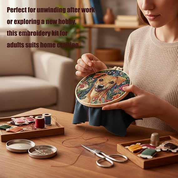 Embroidery Kit,Embroidery Kit for Adult Beginners,DIY Embroidery Starter Kit with Dog Pattern Instruction,Bamboo Hoops, Threads and Needles,Suitable for Home Decoration Or Gift Giving (Style E)