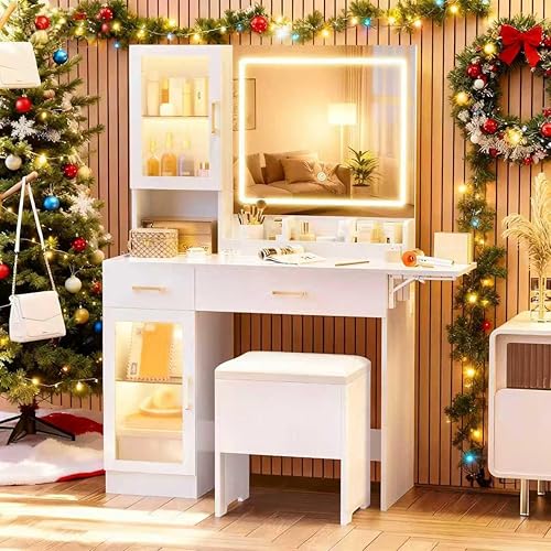 Miniatura 13 de NUNU LAB Tocador de maquillaje con espejo y luces, mesa de tocador blanca con estación de carga, tocador de maquillaje con gabinetes RGB y 7 2-043