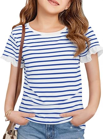 Haloumoning Girls Striped Ruffle Short Sleeve T Shirts Kids Summer Tops