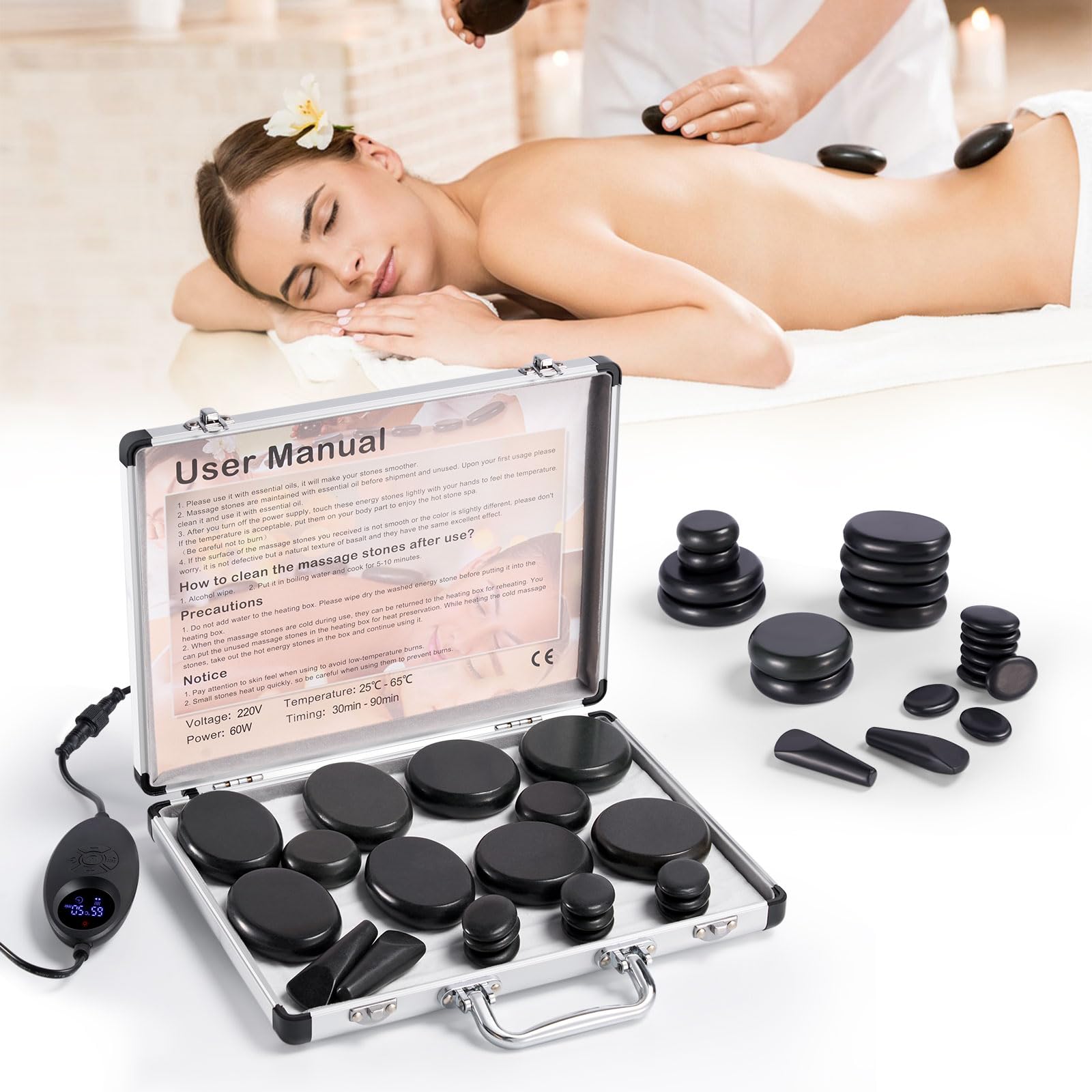 21 Piezas Calentador Piedras Calientes con Control de Temperatura,Kit Piedras Calientes Hot Stones Massager de Basalto para Masaje de Cuerpo Completo Spa Relajación (21 Piezas)