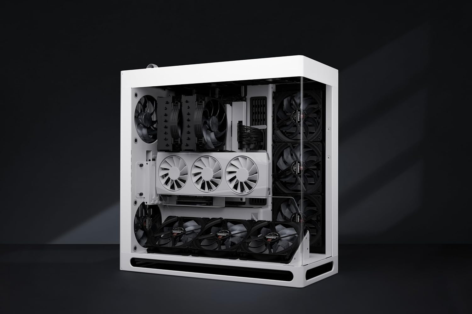 Noctua NH-D15 G2 chromax.Black CPU Cooler installed in a white PC case, showcasing its size and aesthetic