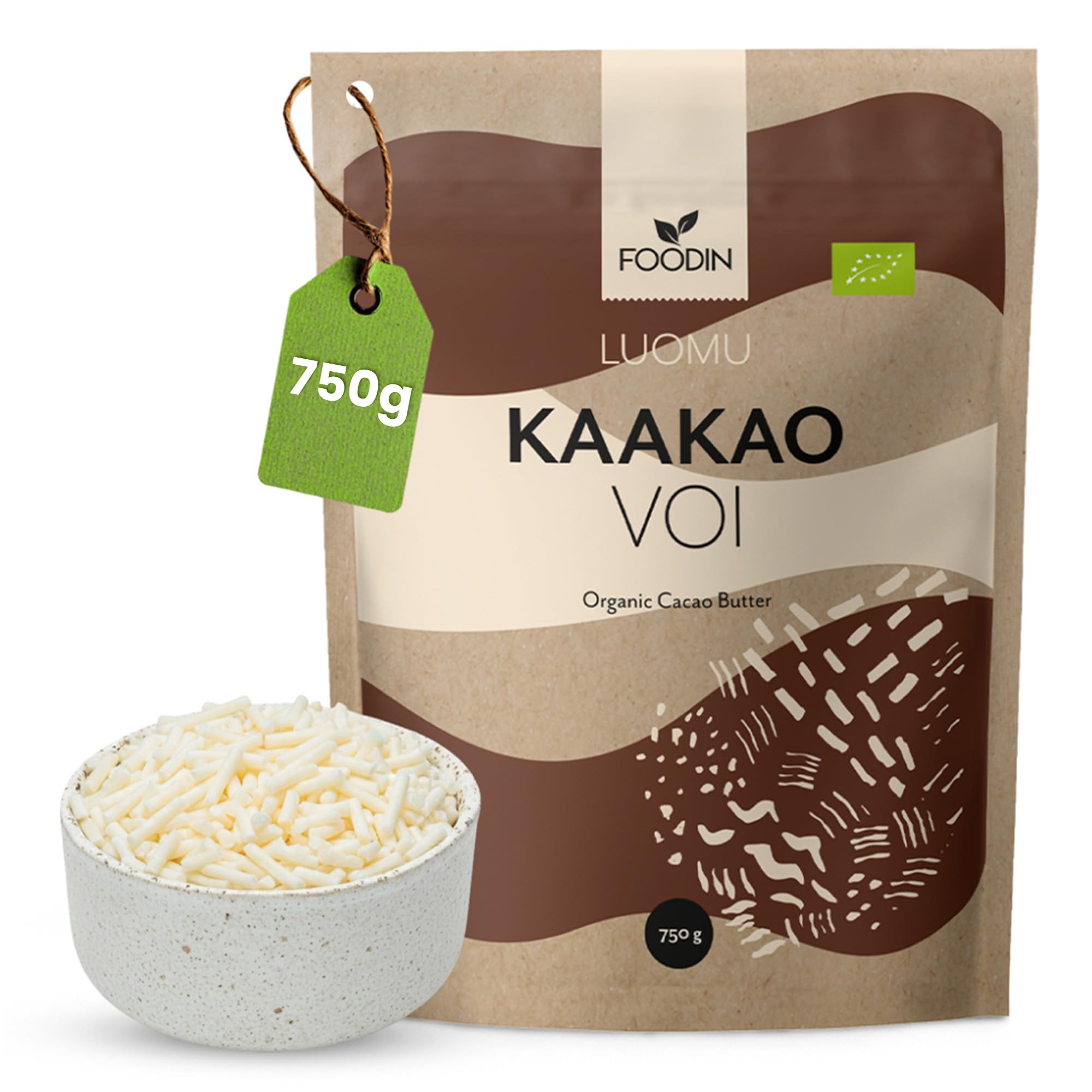 FOODIN Manteca de cacao ecológica — Kakaobutter pura para cuidado de la piel – Ideal para repostería, postres y cocina – Aroma suave y nutritivo – 750 g