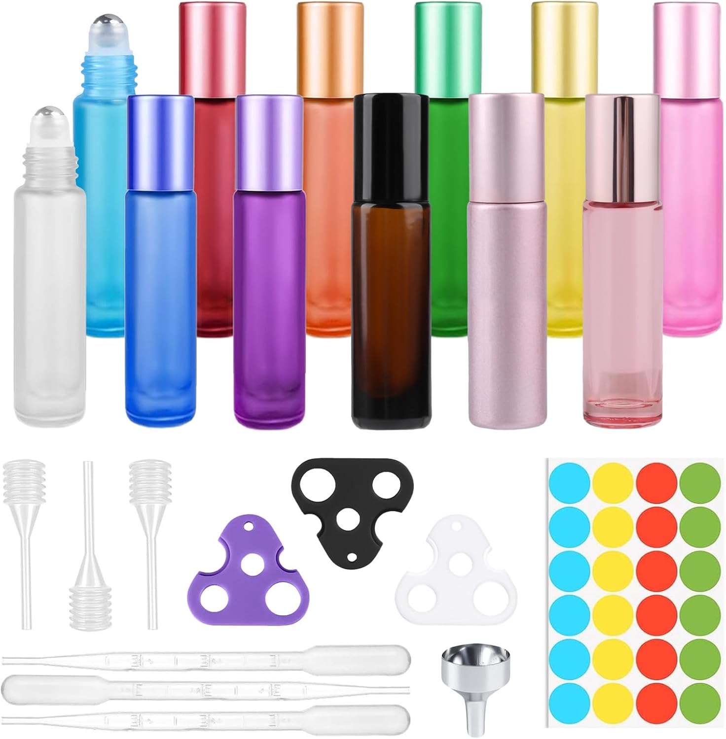 Pack of 12 10 ml Roll-On Glass Bottles for Essential Oils, Roll On Bottle Empty with Stainless Steel Ball, Opener, Dropper & Funnel, Colourful for Perfume, Massage, Aromatherapy (10 ml