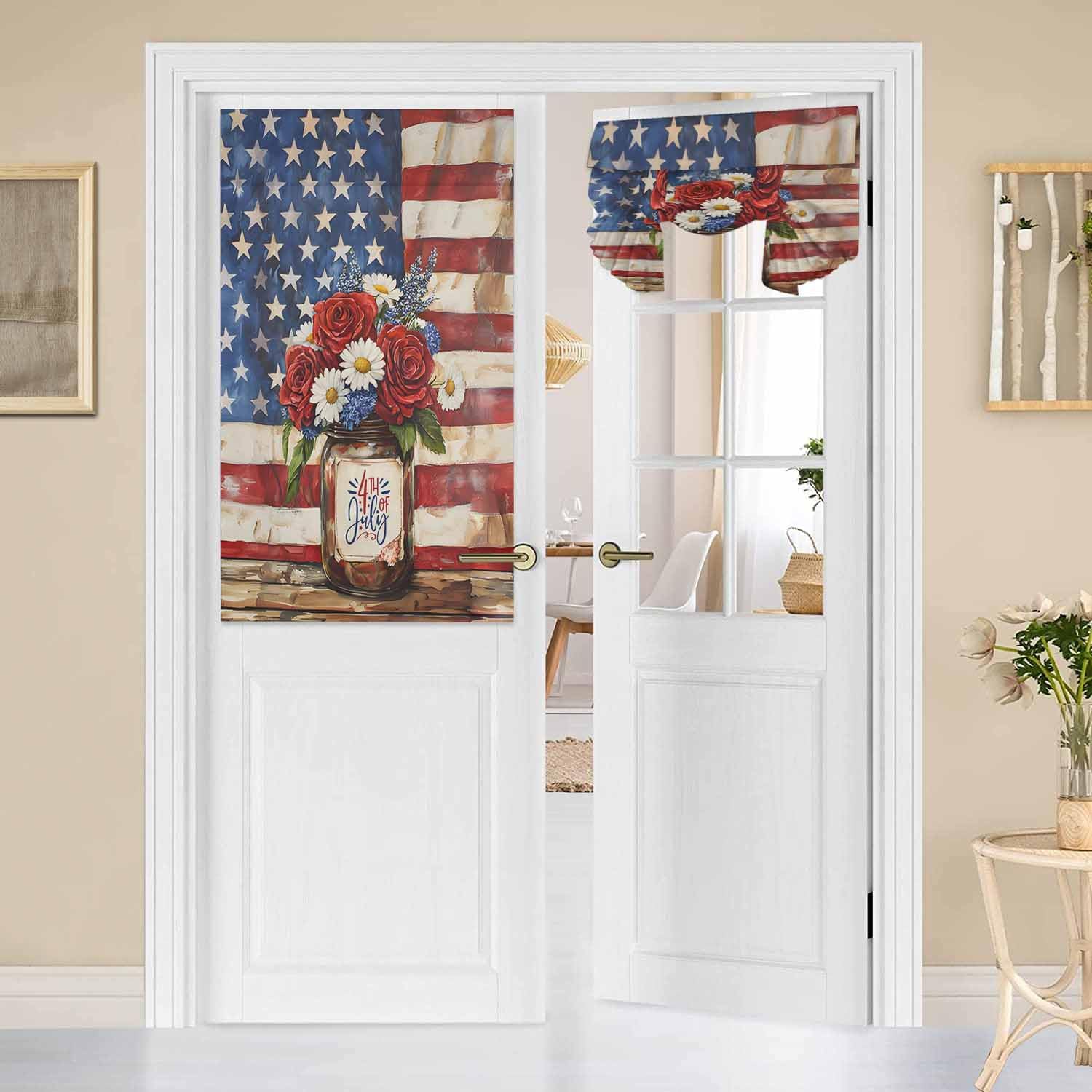 4th ofJuly French Door Curtains for Windows, Flag Day Front Door Window Curtains for Glass,Star Stripe Floral Privacy Tie Up Blinds Thermal Insulated Shades 26 x 42 Inch