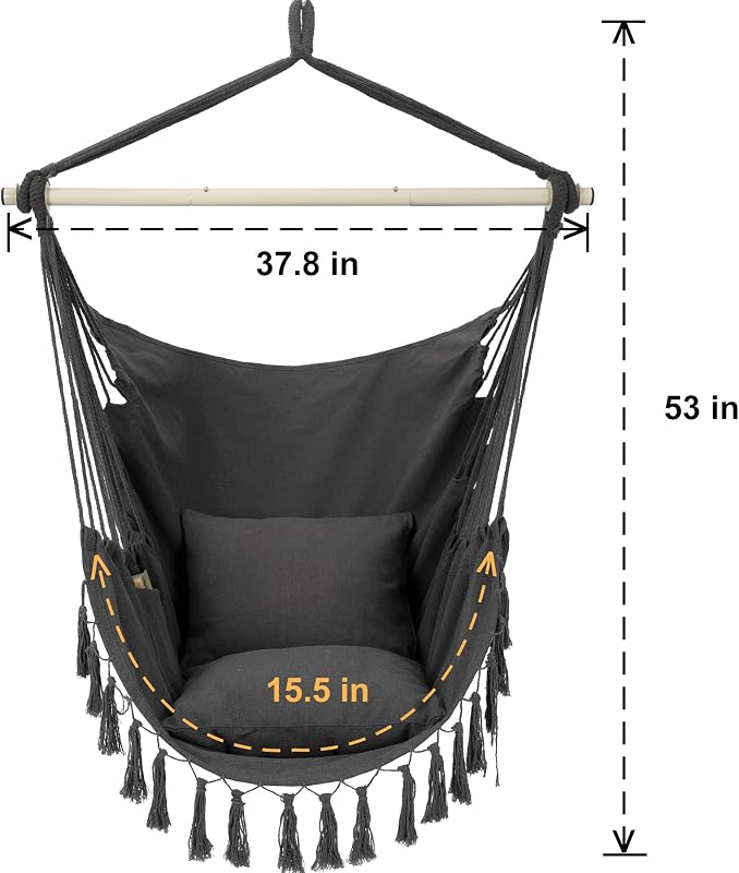 Y- STOP Hammock Chair Hanging Rope Swing, Max 500 Lbs, 2 Cushions Included, Large Macrame Hanging Chair with Pocket, Cotton Weave for Superior Comfort, Durability (Dark Grey) image 4