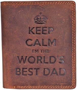 STARHIDE Man Brown Leather Wallet RFID Card Blocking ID Protection - Keep Calm Im The Worlds Best Dad - Real Distressed Hunter Leather Gents Wallet Best Gift For Him 705-BRN