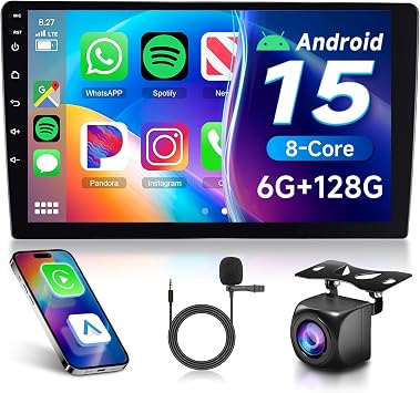 6G+128G 8-Core Android Car Stereo Double Din 10.1 inch Wireless Carplay IPS Touchscreen Car Radio Android Auto Screen with GPS Navi Bluetooth DSP, Mirror Link, WiFi, FM RDS, Backup Camera SWC