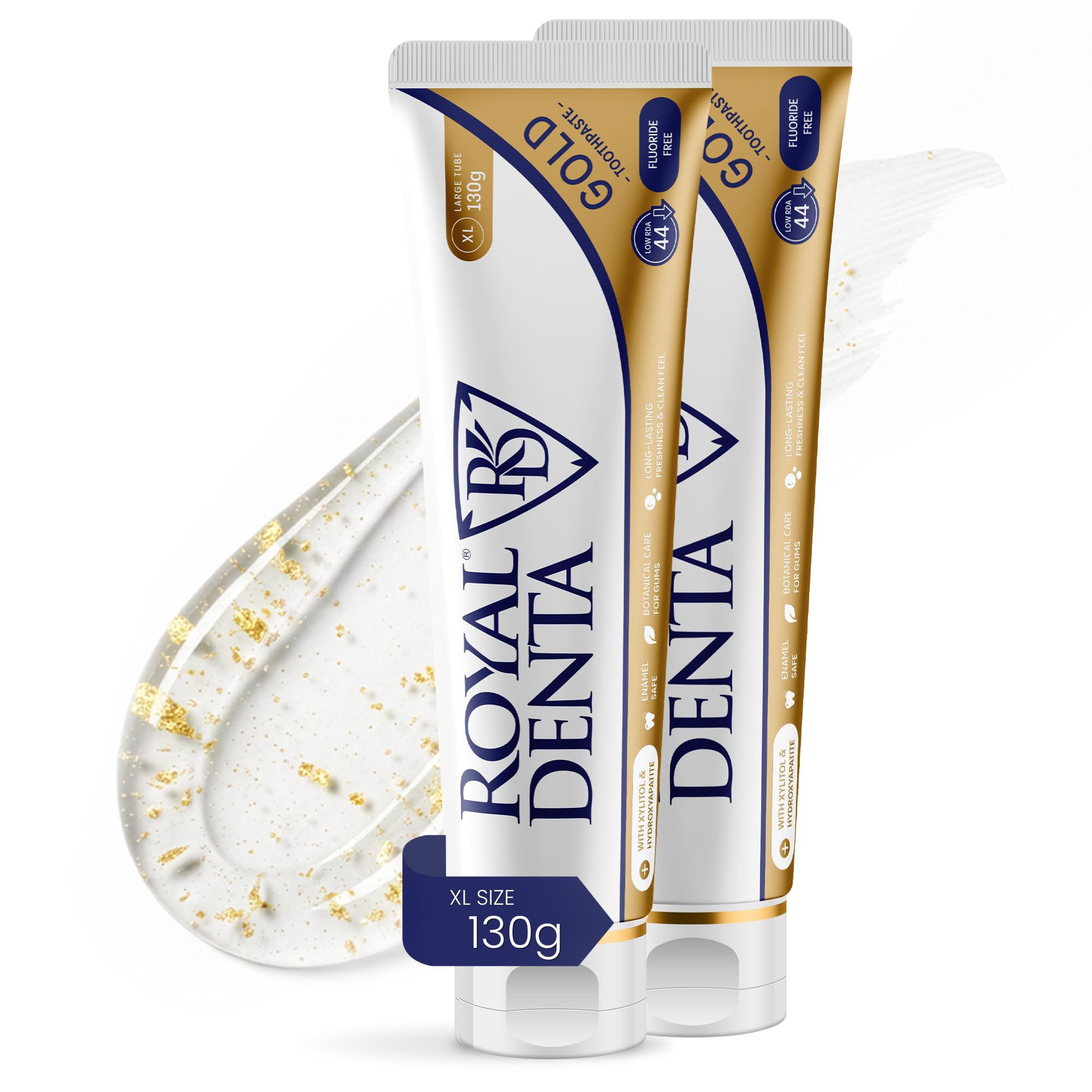 Royal Denta Zahnpasta ohne Fluorid 2x130 g, Hydroxylapatit-Zahnpasta mit Xylit für empfindliches, beruhigendes Zahnfleisch und gestärkten Zahnschmelz, fluoridfreie Zahncreme mit Goldpartikeln