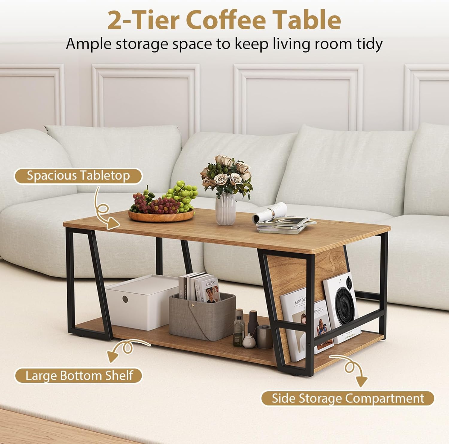 Giantex Modern Coffee Table with Storage, 2-Tier Rustic Wood Center Table with Shelf, Compartment, Metal Frame, Rectangular Geometric Living Room Table for Apartment (Oak)