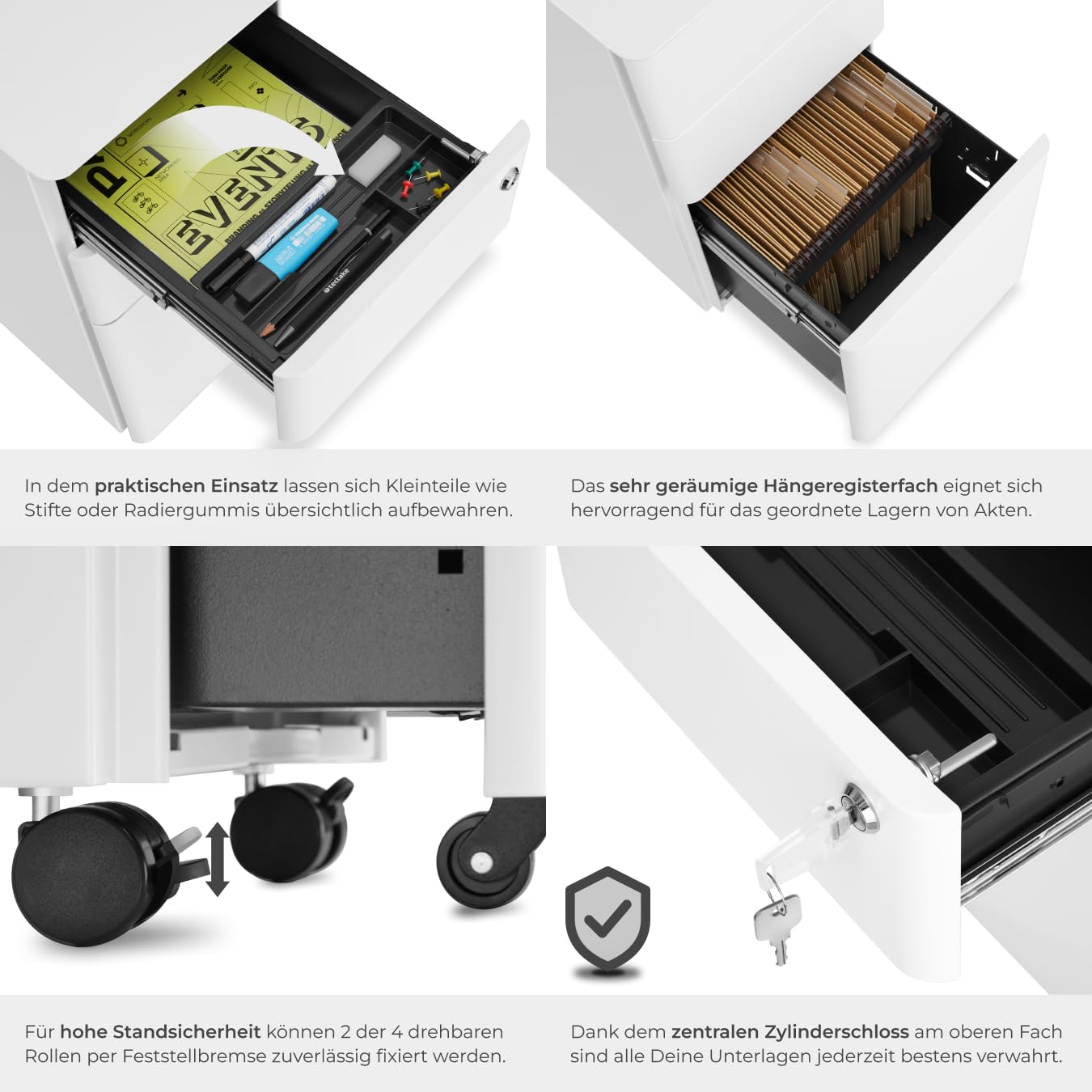 tectake® Büro Metall Aktenschrank mit Rollen, abschließbare Kommode mit Schubladen für Schreibtisch, Rollcontainer, Schubladenschrank, Organzier, Rollwagen Schrank abschließbar (weiß)