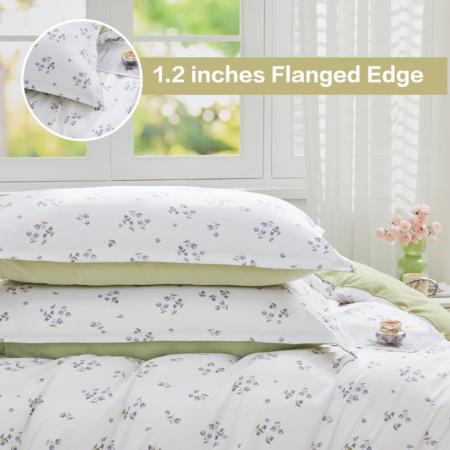 SAPHREAS Queen Duvet Covers White Cute Floral Bedding Set with 8 Corner Ties and 2 Pillow Shams Microfiber Reversible Duvet Cover Set with Zipper Closure，Green