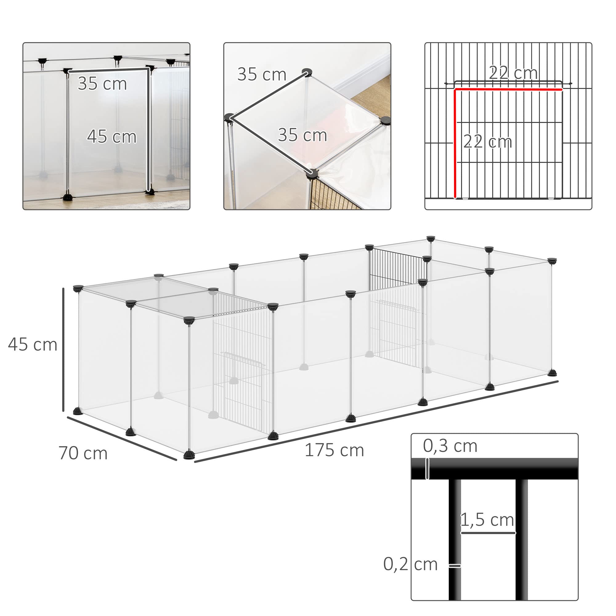 PawHut Enclos Parc modulable pour Petits Animaux 20 Panneaux pour Lapin, Hamster, Chiot, Cochon 175 x 70 x 45 cm Blanc