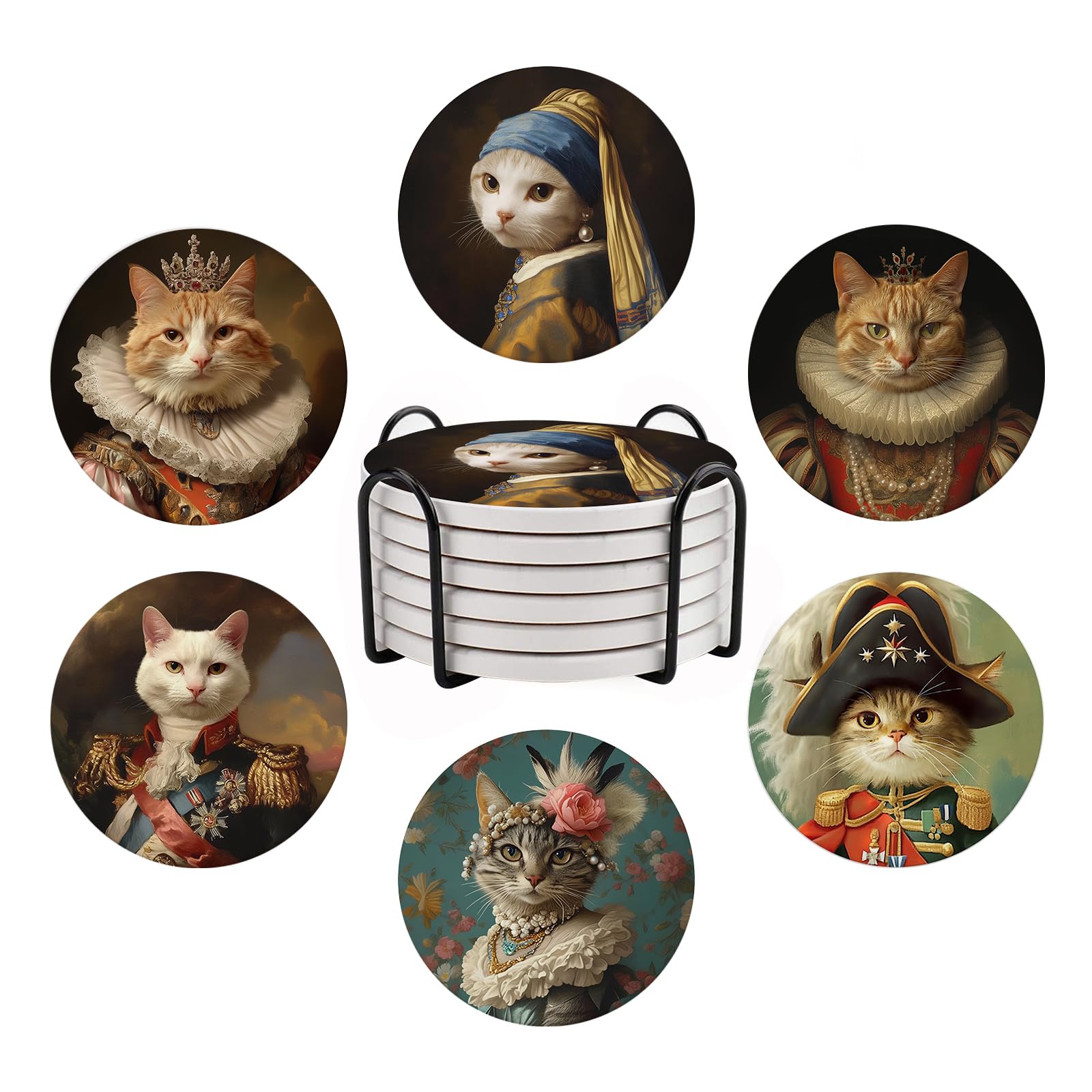 Funny Cat Coasters for Drinks, Ceramic Coasters for Drinks, Set of 6 Drink Coasters with Metal Holder, Absorbent Round Non-Slip Drink Coffee Bar Mug Cup Coaster Decoration Gifts