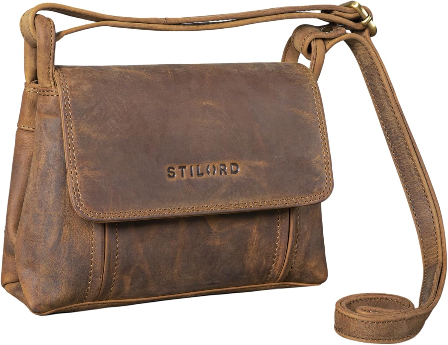 STILORD 'Marisa' Bolso Bandolera Mujer Pequeño Cuero Boho - Bolsa de Hombro Estilo Crossbody Bag en Piel Auténtica con Cremallera para Colgar para Cada Día, Color:brandy - coñac