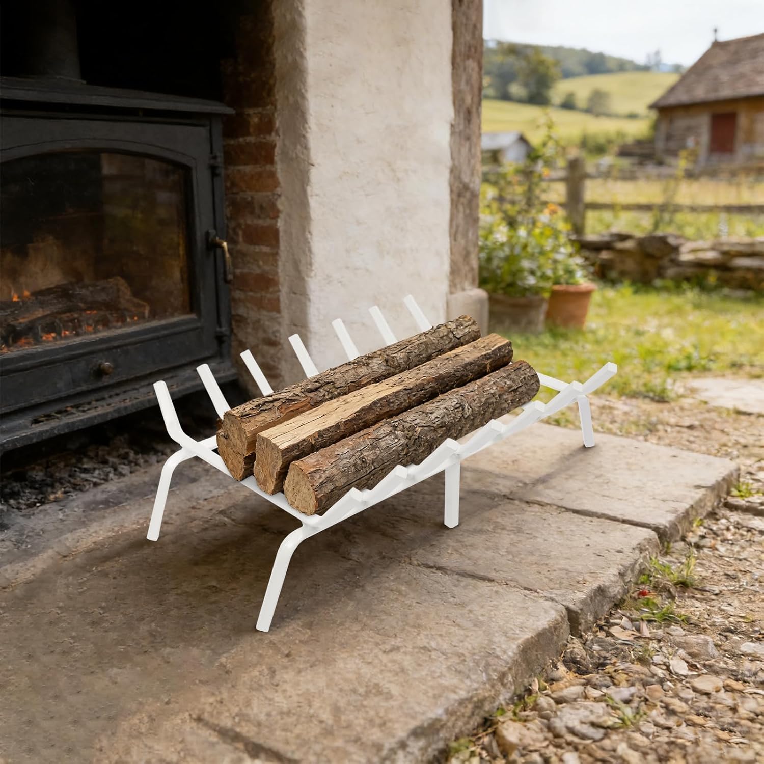 Fireplace Grate, 24 Inch Firewood Log Holder Rack, Heavy Duty Fireplace Log Holder, Fire Wood Stove Grates for Indoor Outdoor Camping Fireplace Accessories Tools(White)