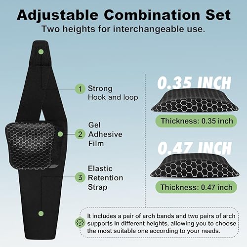 Miniatura 10 de Insertos de soporte de arco para mujeres y hombres, 2 alturas ajustables, antideslizantes, transpirables, banda de arco de alivio de fascitis