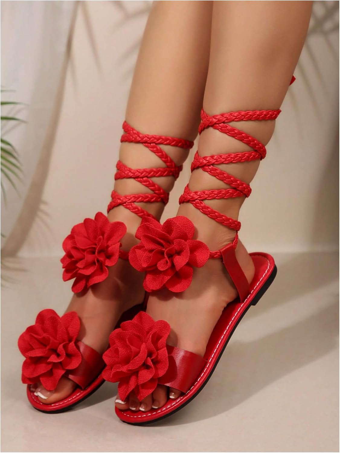 GORGLITTER Women's 3d Flower Lace Up Sandals Floral Braided Open Toe Strappy Tie Up Beach Slide Shoes 2025 - Image 4