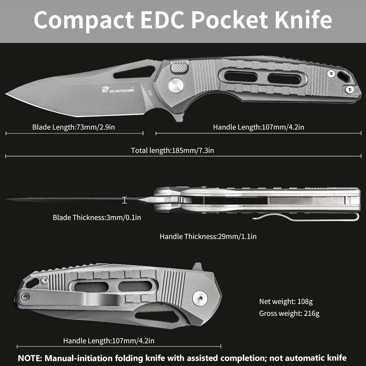 HX OUTDOORS Pocket Folding Knife with Lock Clip, Premium D2 Steel Foldable EDC Camping Knife with Non Slip Aluminium Alloy Handle for Men，Outdoor, Survival, Camping, Hiking