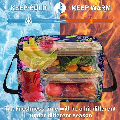 Miniatura 6 de QsirBC Kingfisher - Bolsa de almuerzo aislada con diseño de flores de loto para mujeres, reutilizable, bolsa cuadrada de comida para adultos y