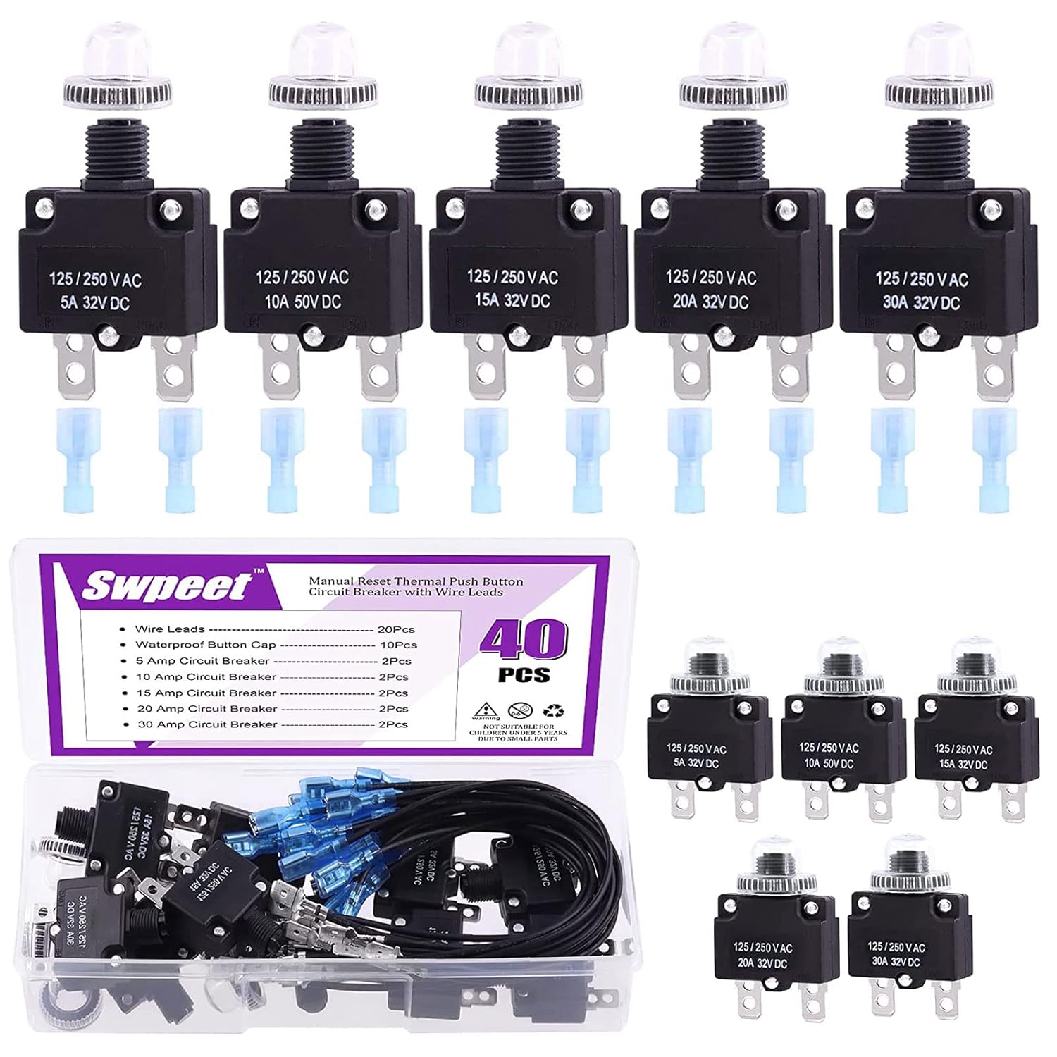 Swpeet 30Pcs 5 Sizes Thermal Circuit Breaker with Quick Connect Terminals and Swpeet 40Pcs 5Amp 10Amp 15Amp 20Amp 30Amp Thermal Circuit Breaker