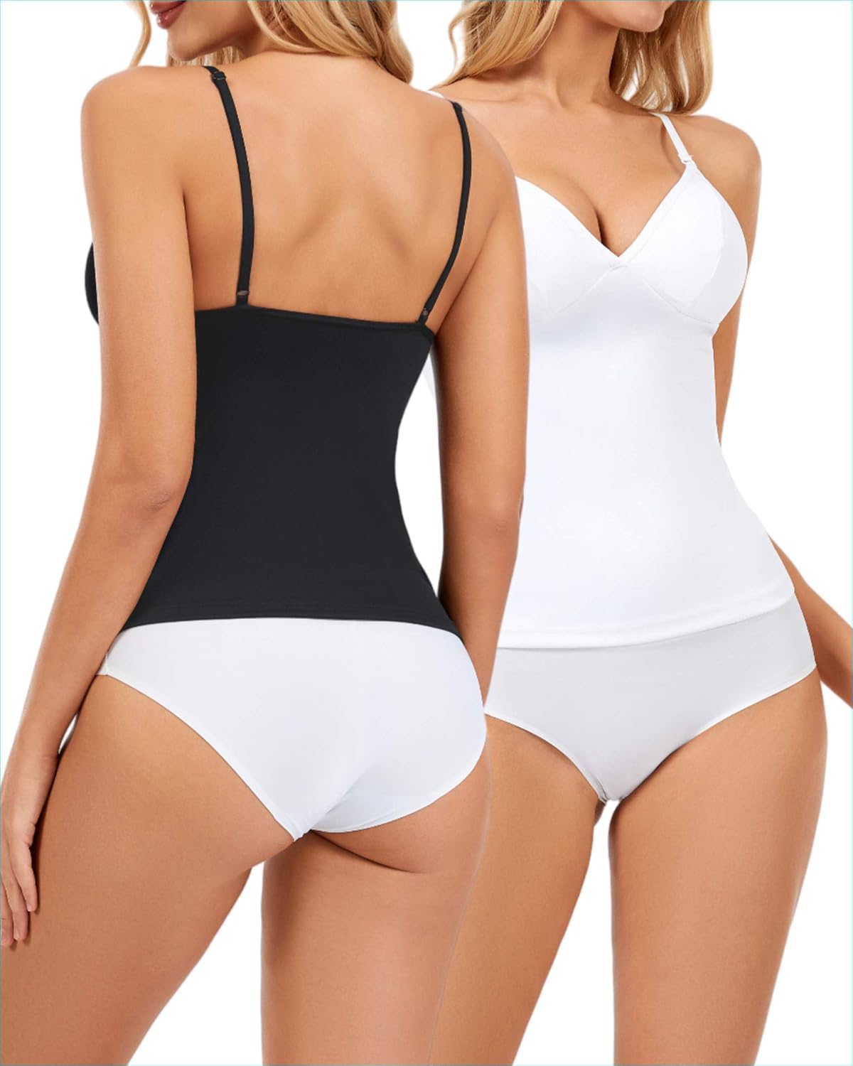 Women's Slim Fit V-Neck Light Tummy Control Camisole Adjustable Spaghetti Strap Built-in Bra Tank Compression Top