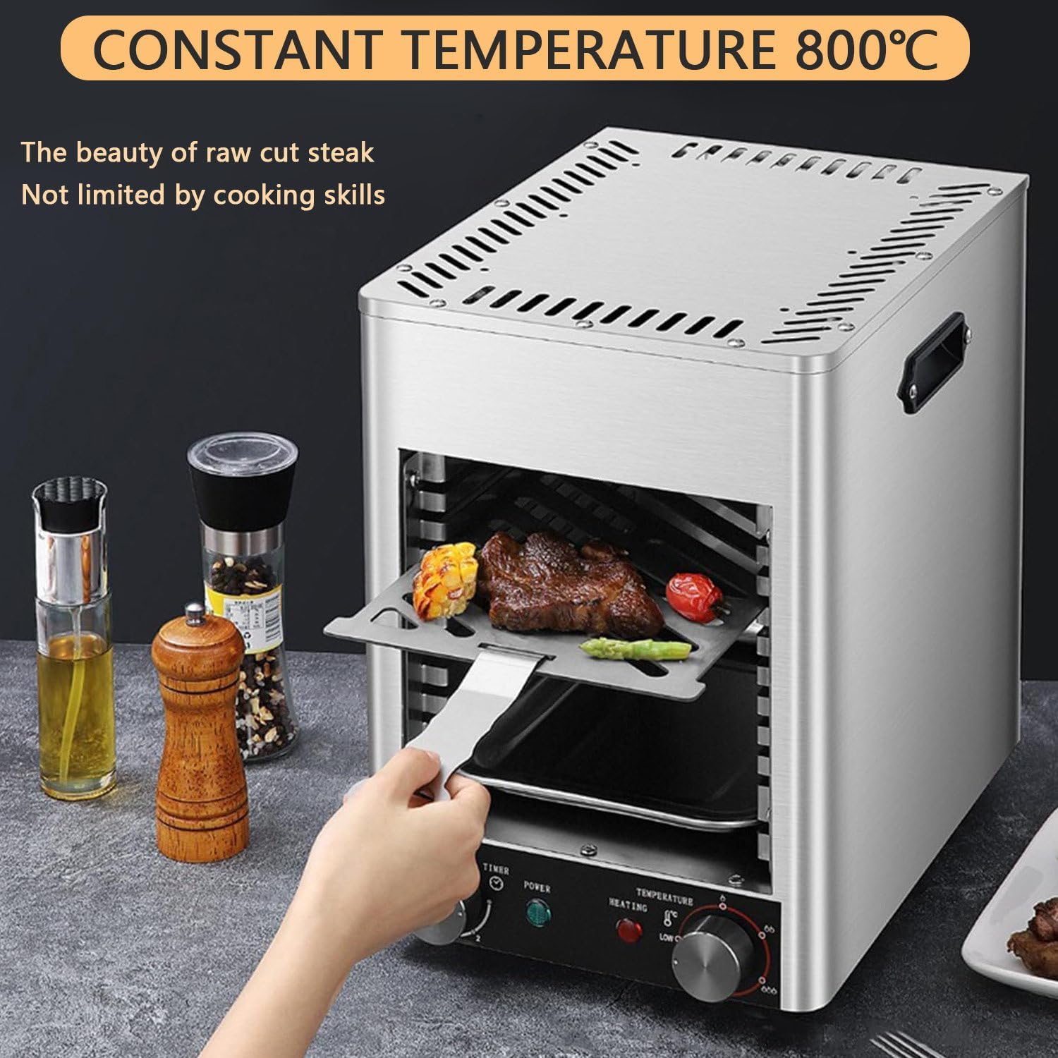 1700w Electric Steak Broiler with 10 Grilling Slots, 0-10min Time / 200-800℃ Temperature Adjustable, Smokeless Steak Grill for Commercial and Household Use,220V