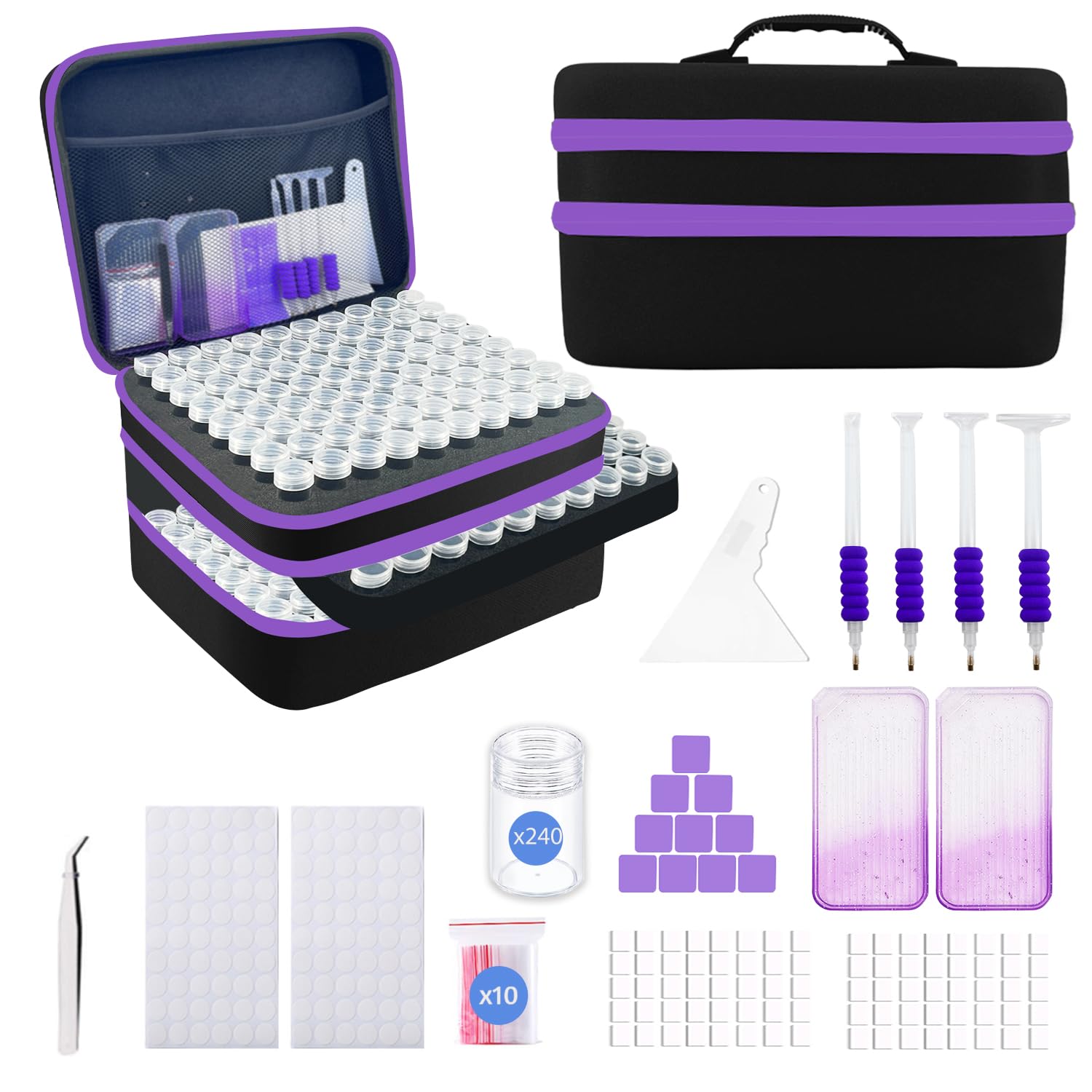 SuSentak Diamond Art Storage Containers with Dot Drill Tools,240 Slots Bead Organizer Case for 5D DIY Art Kits, Portable Craft Box for Diamond Painting Accessories (Black)