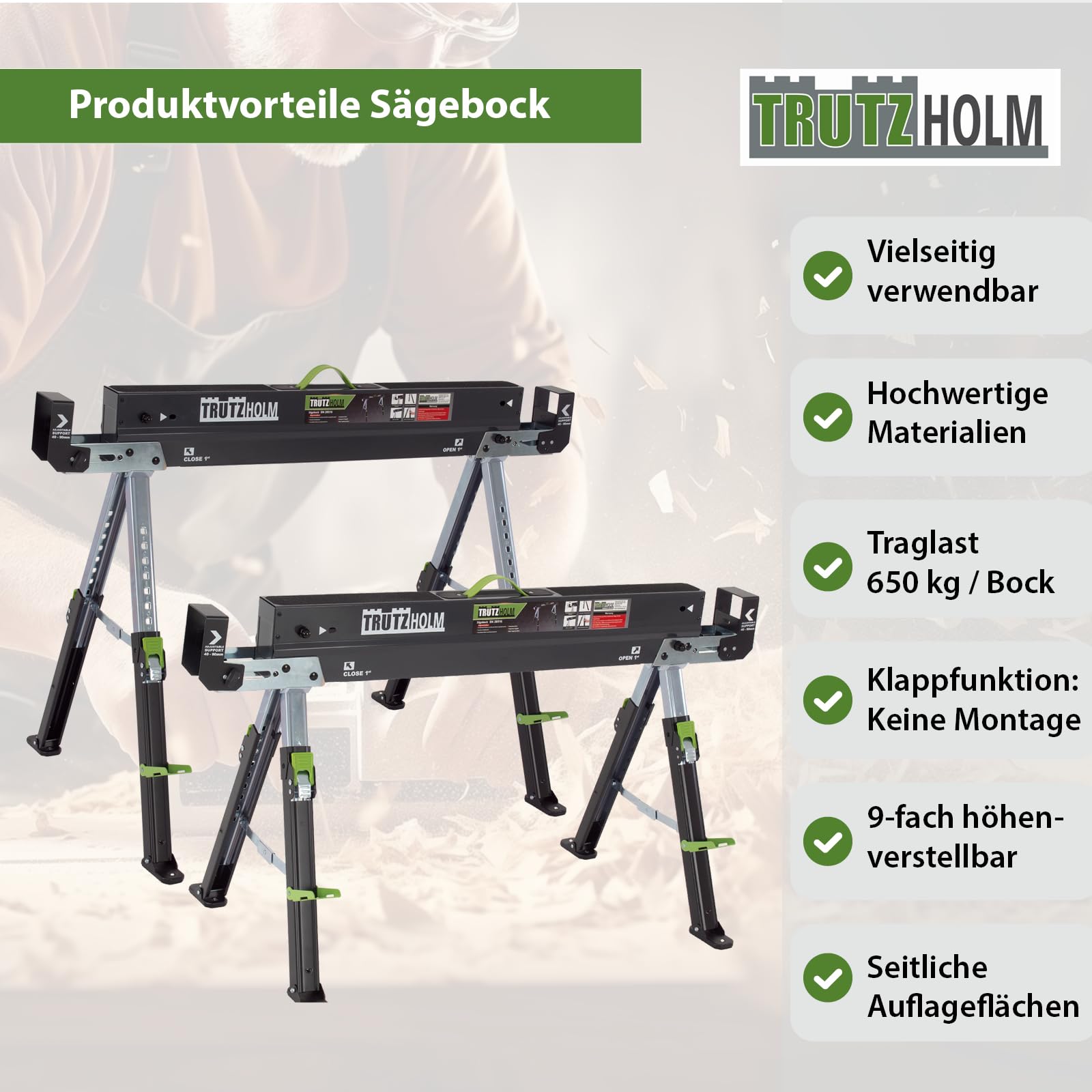 TRUTZHOLM 2x Sägebock 2.0 DELUXE 9-fach höhenverstellbar Stahl bis 1300 kg Klappbock Arbeitsbock Werkbock verstellbare Klemmen für Kanthölzer integrierter Tragegriff Unterstellbock Werkbank