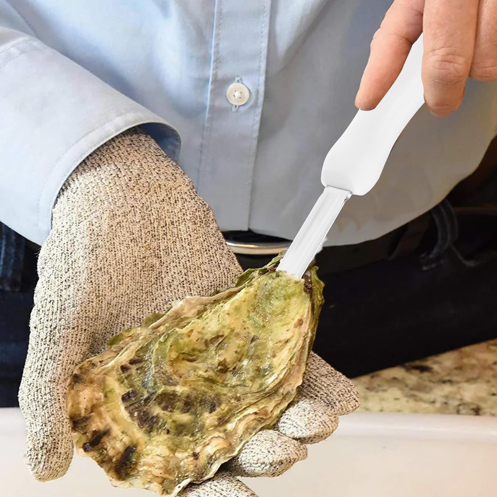 Austernmesser Austernmesser aus Edelstahl mit Muschelmesser und rutschfestem ABSGriff vielseitiges GarnelenDarmentfernungswerkzeug für Meeresfrüchteliebhaber Küchenwerkzeug(Weiß)