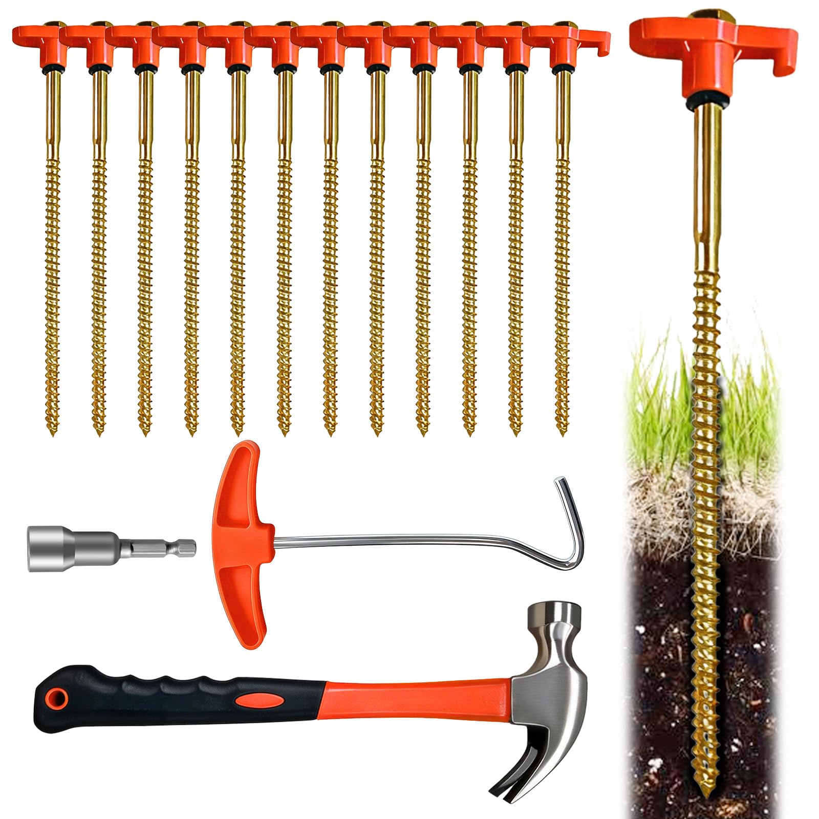 12 Pack Tent Pegs Metal Heavy Duty, Metal Tent Pegs with Thread and Camping Mallet, Includes Drill Adapter & Nail Puller, Ground Anchors for Camping Peg Heavy Duty for Hard Ground, with A T-Handle