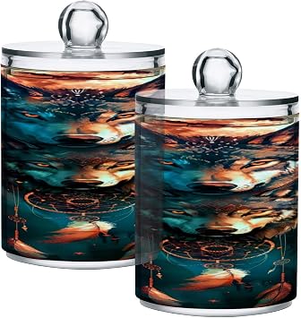 Apothecary Jars Bathroom Storage Organizer with Lid - 14 oz Qtip Holder Storage Canister, Dream Catcher Wolf Clear Plastic Jar for Cotton Swab, Cotton Ball, 4PCS