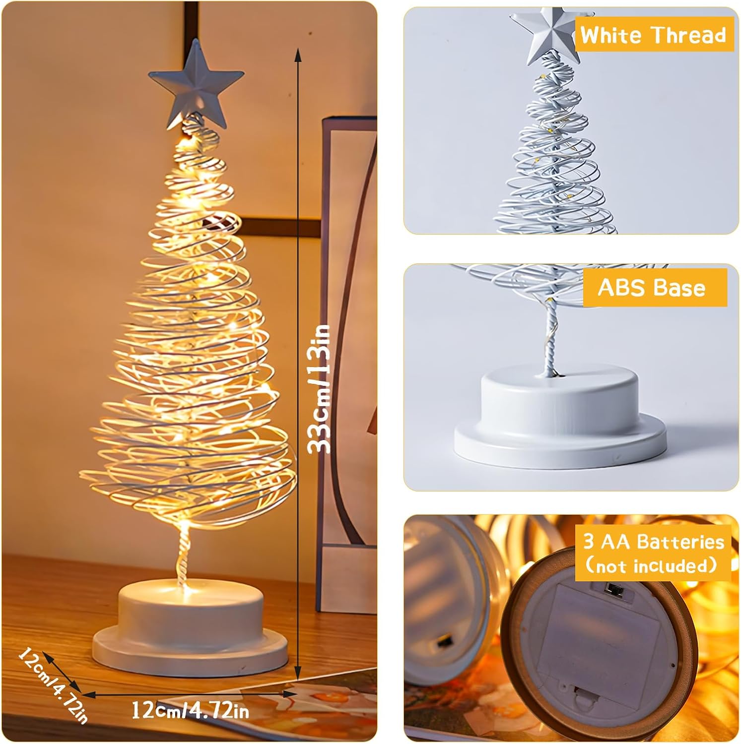 Christmas Tree Table Lamp, LED Christmas Spiral Night Light with Glittering Star, Battery Operated Table Decoration Light for Indoor Outdoor Restaurant Commercial Event Xmas Night (White)