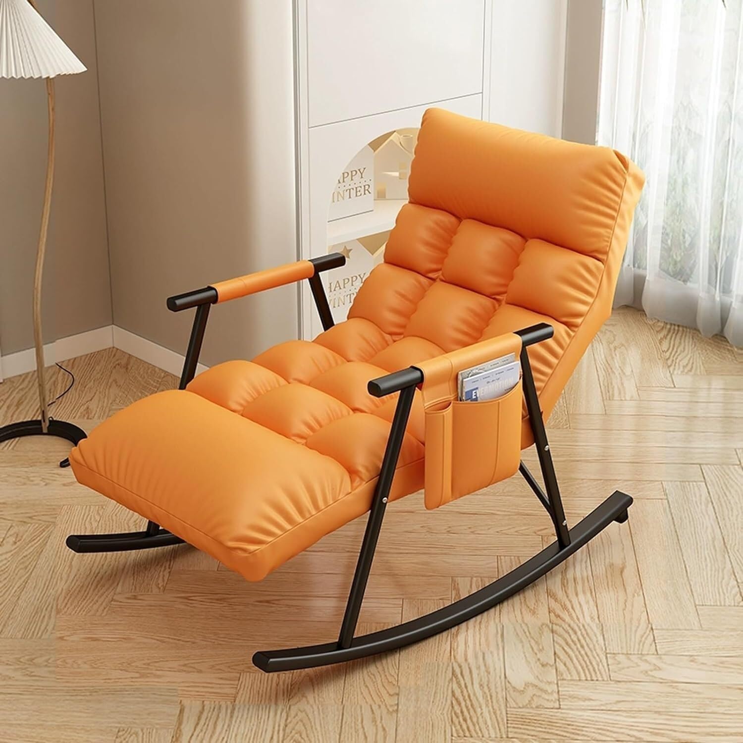 Genérico Modern Bedroom Rocking Chair,Comfortable Living Room Sofa Lounger,Garden Lounge Chair with Armrests, Indoor Breathable Camping Rocking Chair, Ergonomic Chair(Orange+Black Legs)