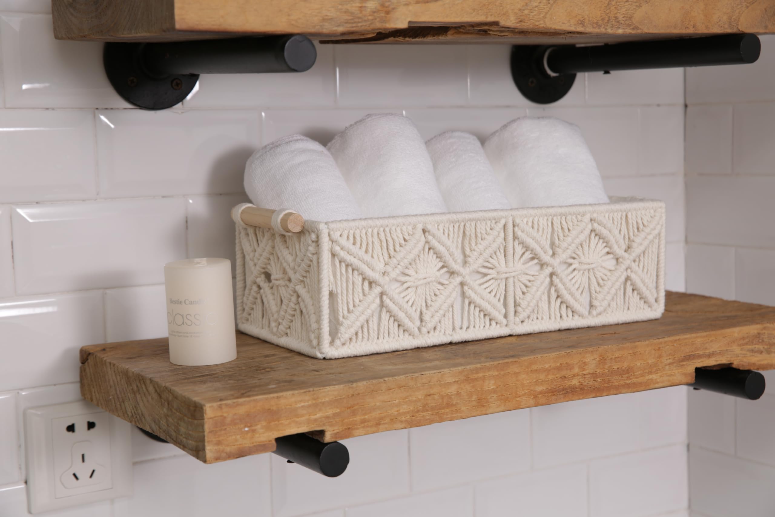 Nonam Macrame Storage Baskets, Boho Decor Style Woven Storage Boxes for Home Organization, Toilet Tank Shelf Cabinet Organizer Baskets,Set of 2 - White