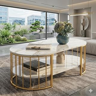 Elegant 2-Tier Center Table with Engineered Wooden Top & Gold Metal Frame, Cocktail Sofa Center Table Living Room Furniture Elegant Coffee Table for Home, Office, Dining Use (GOLDEN WHITE)