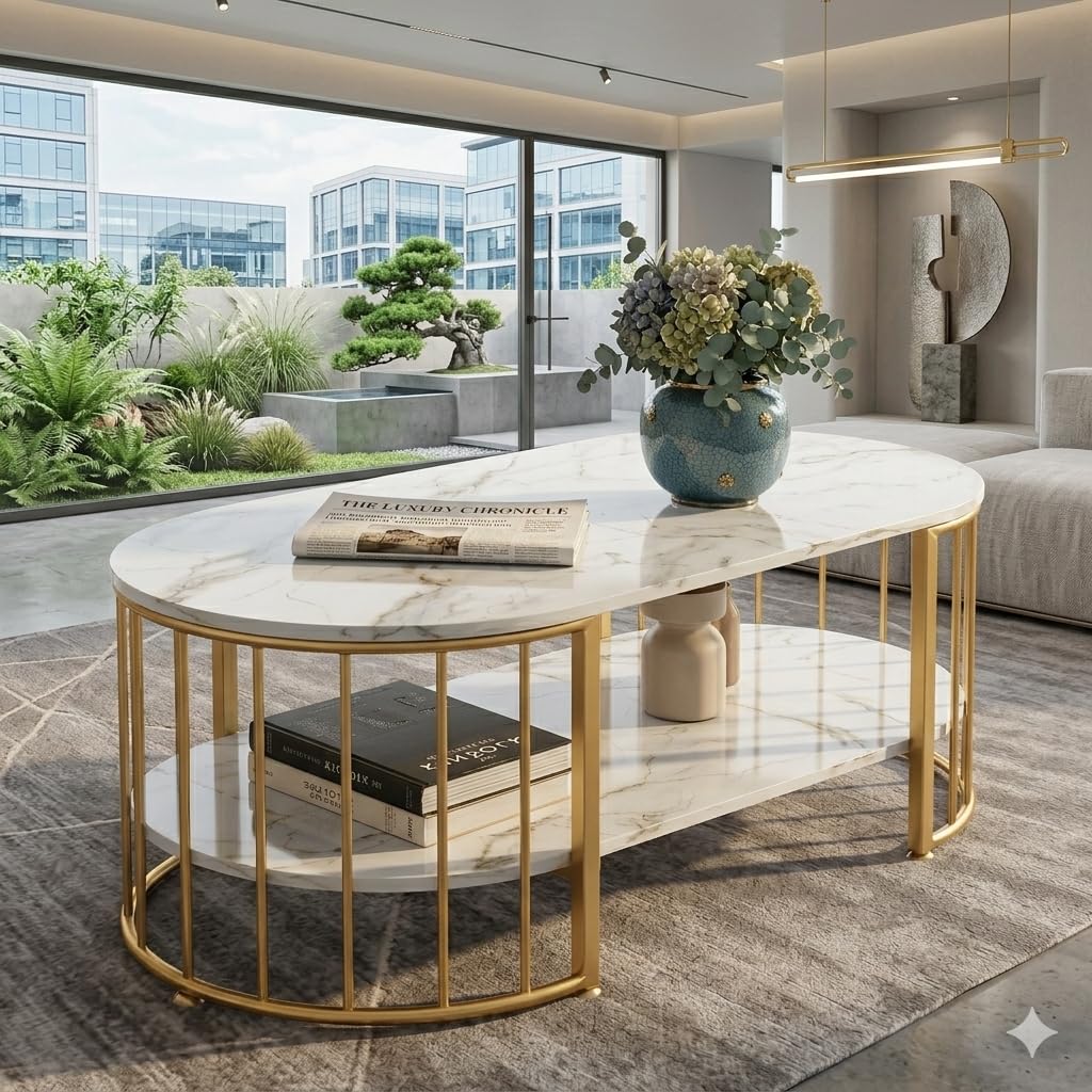 Elegant 2-Tier Center Table with Engineered Wooden Top & Gold Metal Frame, Cocktail Sofa Center Table Living Room Furniture Elegant Coffee Table for Home, Office, Dining Use (GOLDEN WHITE)-picture-10