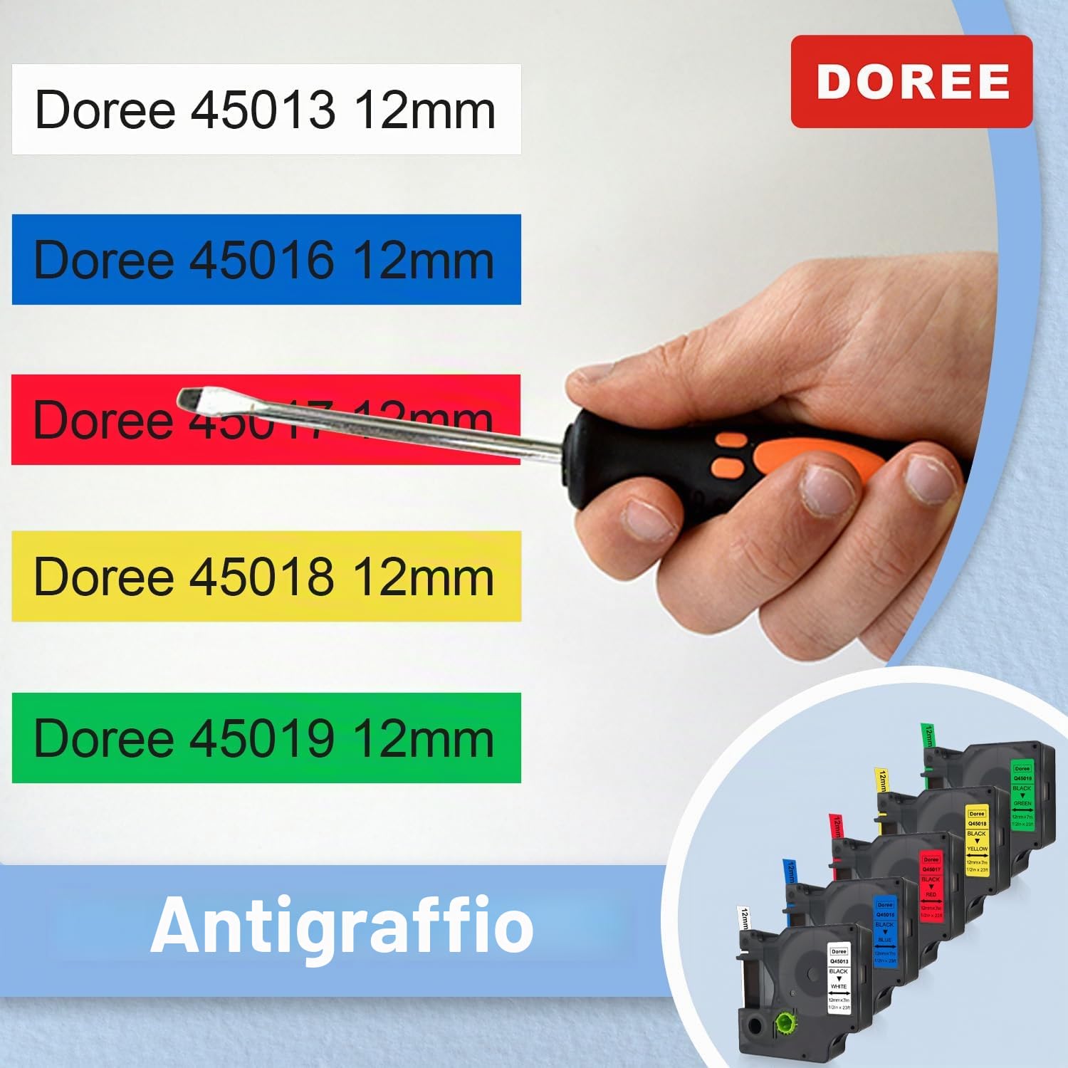 DOREE 5 pezzi D1 nastri etichette 12 mm x 7 m,impermeabili UV, inclusi D1 45013, 45016, 45017, 45018, 45019 bianco/blu/rosso/giallo/verde, compatibili con Dymo LabelManager 160, 210D, 280, 350, 360D.