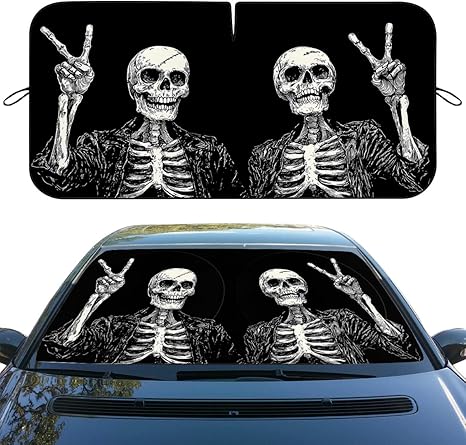 Funny Skull Car Windshield Sunshades Retro Rock Gesture Skull Halloween Front Window Sun Shade Blocks UV Rays Sun Visor Protector for Car Sedan Truck SUV Accessories 59