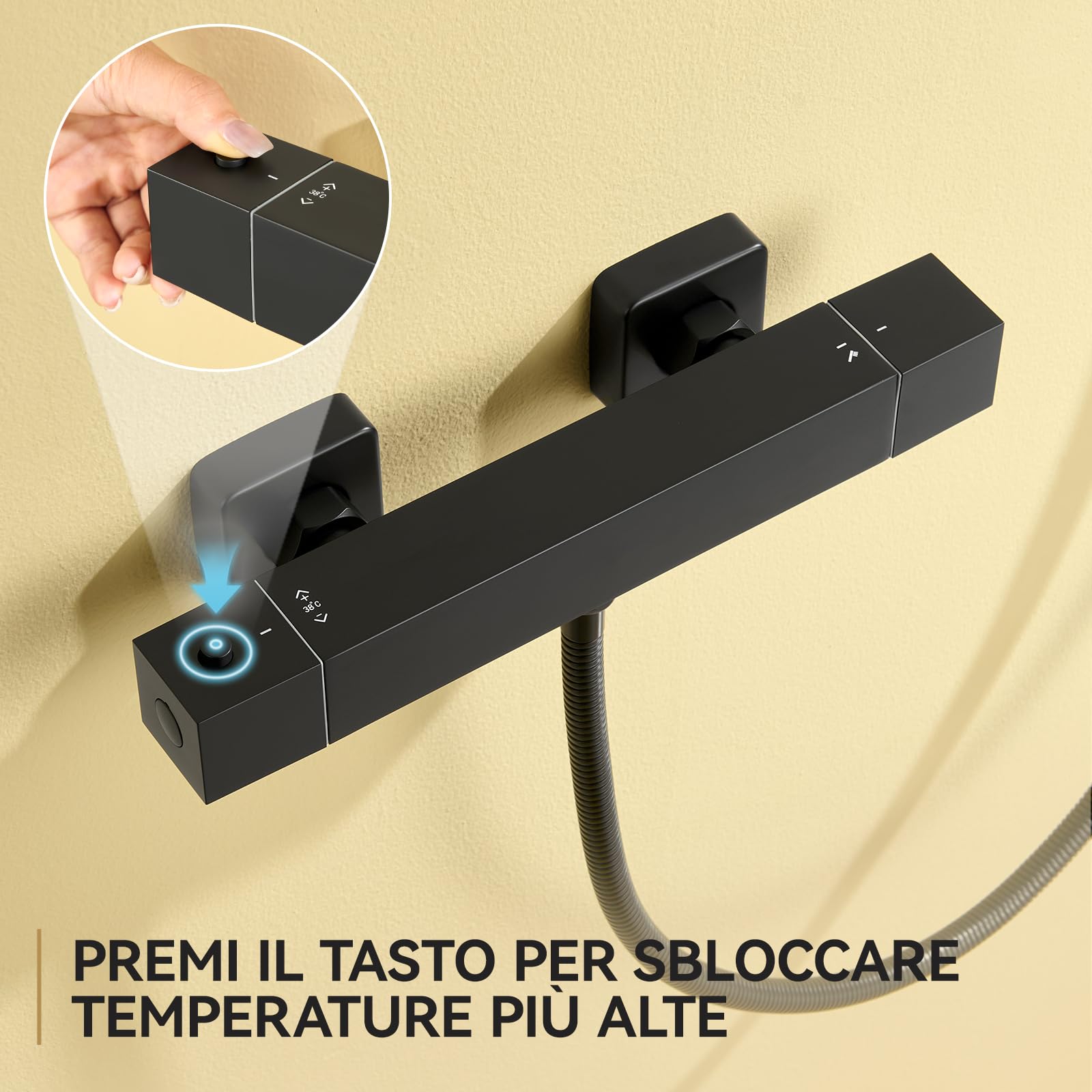 Auralum Miscelatore Termostatico Doccia Nero Rettangolare, Rubinetto Doccia da Muro Esterno, Miscelatore Doccia con Deviatore per Asta Doccia Saliscendi con Soffione e Doccetta, per Vasca da Bagno