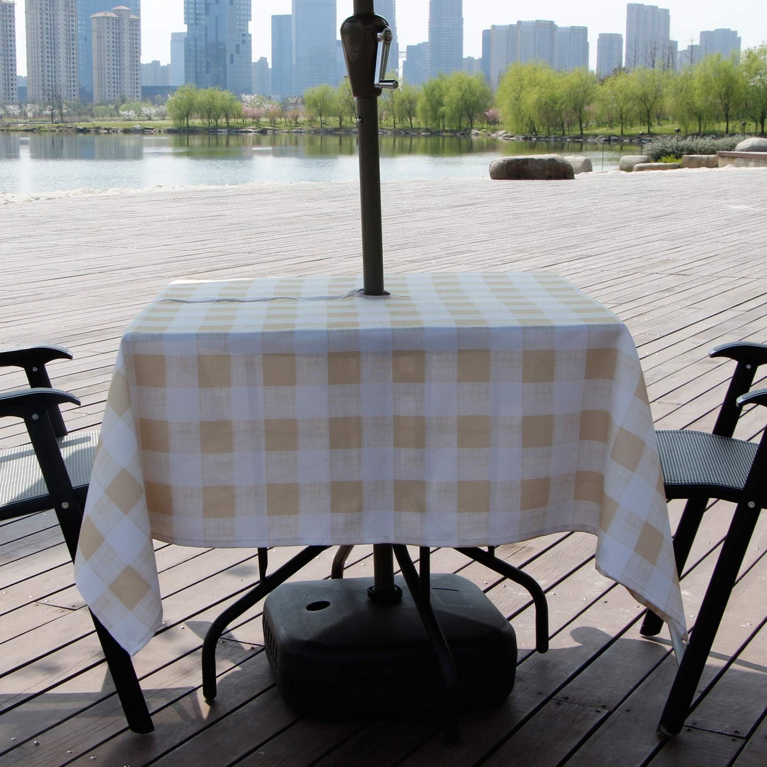 AooHome Square Summer Table Cloth with Zipper and Umbrella Hole, Fabric Spill-Proof Water Resistant Checkered Table Linen Design for Spring BBQs, Machine Washable, Heavy Weight, 60 x60 Inch, Beige