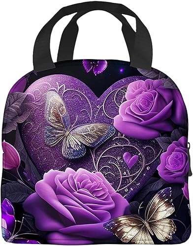 Miniatura 9 de OOZ Rportable - Lonchera para mujeres y hombres, aislada, reutilizable, para oficina, trabajo, picnic, playa, con mariposas moradas, rosas, flores,